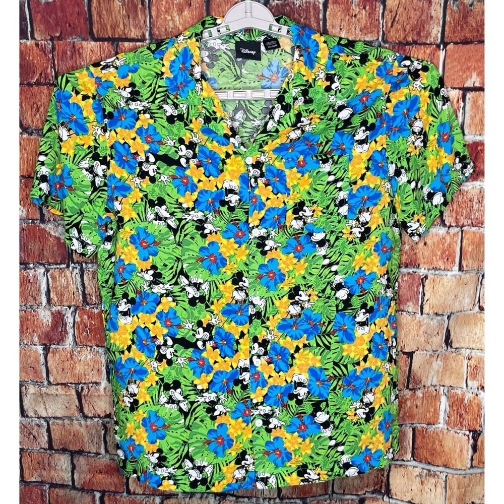 Disney Mickey Mouse Hawaiian Camp Shirt Button Front Short Sleeve Men’s Large